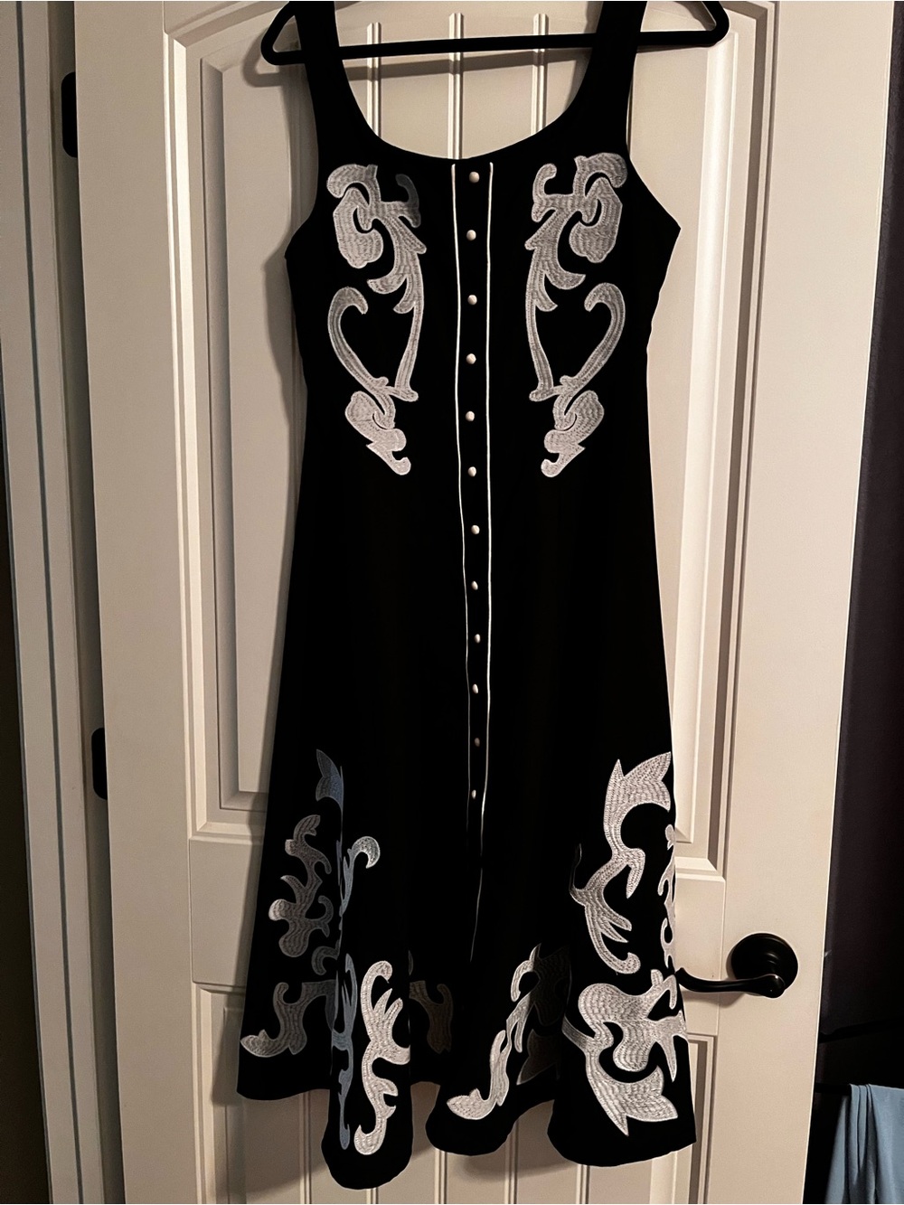 Black Midi Dress with White Embroidered Accents - Women's Sleeveless Dress